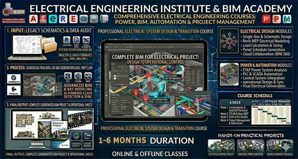 Infographic for electrical engineering courses featuring AutoCAD Electrical, EPLAN, Revit MEP, ETAP, PLC/SCADA, and Project Management software.
