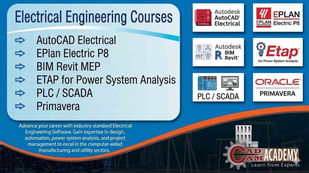 Electrical Engineering Software Courses banner featuring AutoCAD Electrical, EPlan P8, BIM Revit MEP, ETAP, PLC/SCADA, and Primavera by CAD CAM Academy.
