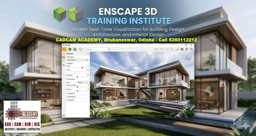 Enscape training institute building design 3D software interface showing a real-time architectural render of a modern luxury house with interior and exterior details.