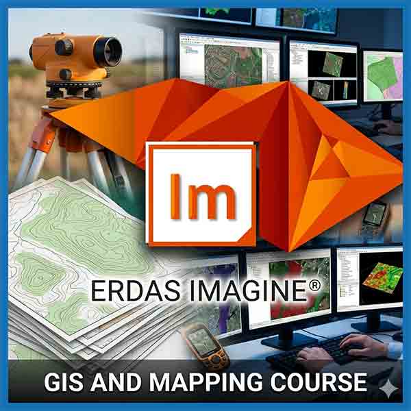 An engineering collage image with a large, faceted orange ERDAS IMAGINE logo and text over scenes of a surveyor's level, topographical maps, a control room with multiple monitors, and GPS test equipment.