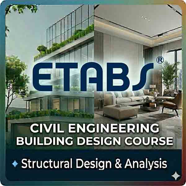 ETABS software logo on a 400x400 split-screen background of a modern glass building and a luxury interior for a Civil Engineering course.