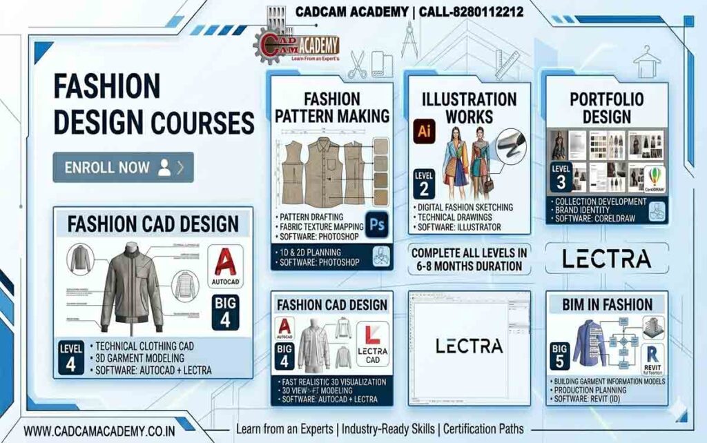 Professional fashion design course banner featuring Photoshop pattern making, Illustrator sketches, CorelDRAW portfolios, and AutoCAD/Lectra CAD garment designs in a blue and white theme.