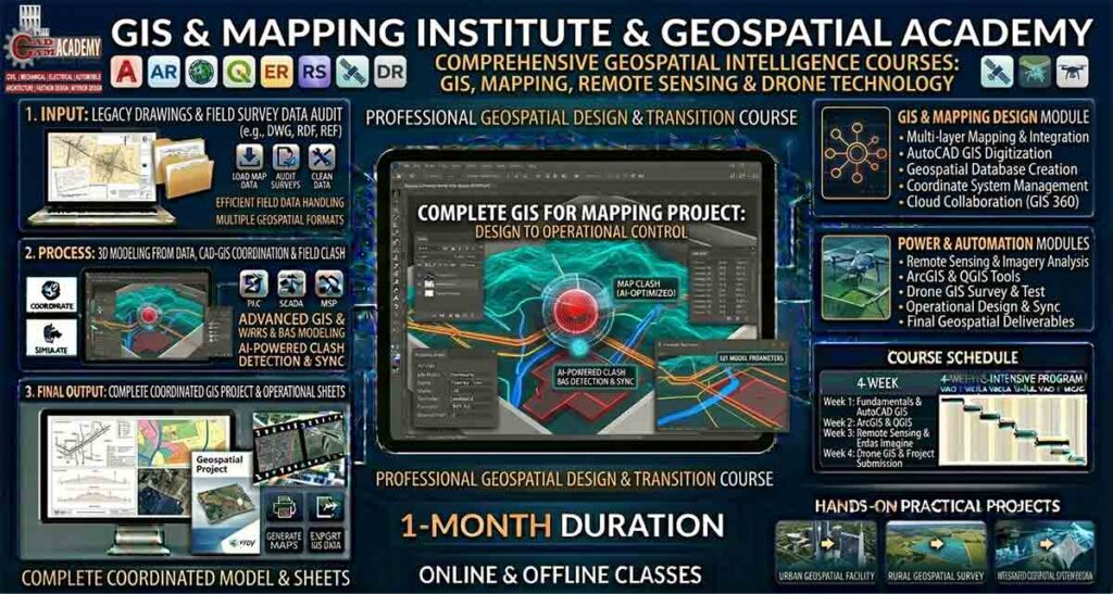 Geospatial AutoCAD for Mapping Digitisation infographic featuring ArcGIS, QGIS, Erdas Imagine, Drone GIS, and Remote Sensing software workflows with 1-month course details.