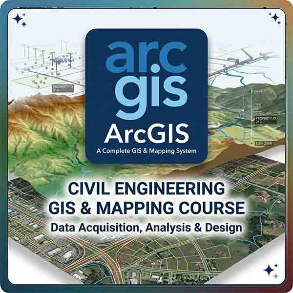 A 400x400 promo image for an ArcGIS Civil Engineering course, featuring the "arc gis" logo over a multi-layered visualization of terrains, utility points, contours, and a road network map.