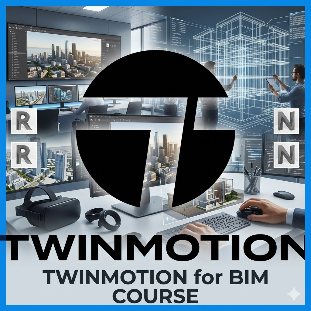 A comprehensive marketing collage for a Twinmotion for BIM course featuring a central large black Twinmotion logo over a background of architectural visualization on monitors, a VR headset, and engineers working with wireframe models. Small icons for Revit (R) and Navisworks (N) surround the text.