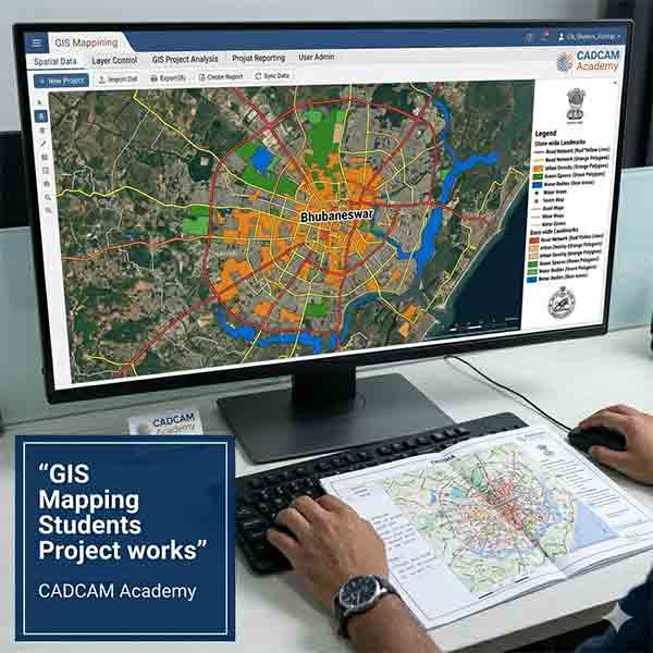 A student working on a Bhubaneswar city GIS mapping project showing urban land use data.