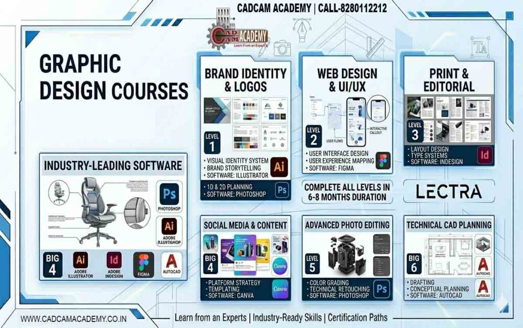 Graphic Design Institute Professional graphic design course banner featuring brand identity, UI/UX design, social media content, and logos for Photoshop, Illustrator, Figma, and Canva.