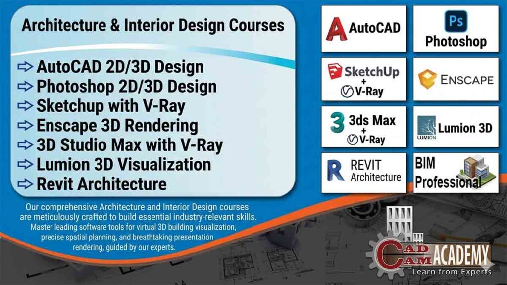 Architecture and Interior Design Courses banner featuring AutoCAD, Photoshop, SketchUp V-Ray, 3ds Max, Lumion, Enscape, and Revit Architecture logos.