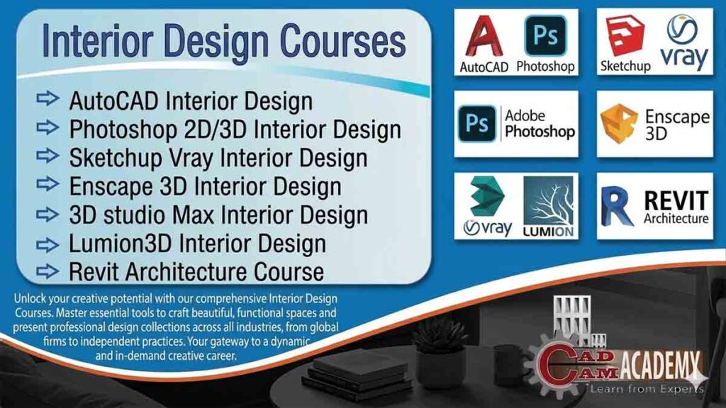 Interior Design Courses banner by CAD CAM Academy featuring AutoCAD, Photoshop 2D/3D, SketchUp Vray, Enscape 3D, 3ds Max, Lumion, and Revit Architecture with professional software logos.