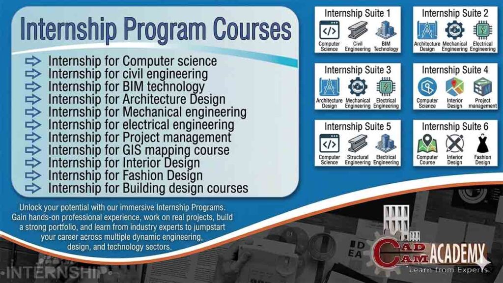 Internship Program Courses banner by CAD CAM Academy featuring internships for Computer Science, Civil Engineering, BIM Technology, Architecture, Mechanical and Electrical Engineering, and Interior Design with professional industry icons.
