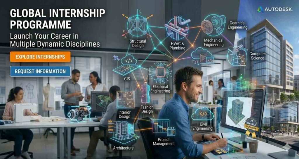Internship programe for diverse fields including Architecture, Civil Engineering, Computer Science, and Fashion Design with digital icons representing various technical courses.