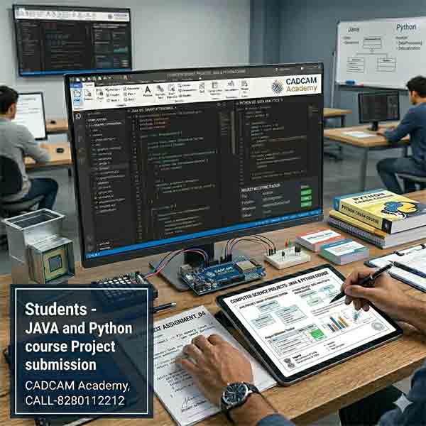 Students at CADCAM Academy working on integrated Java and Python programming projects with microcontrollers, showing code editors, a data analytics dashboard, and circuit boards.