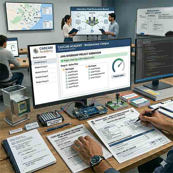 Students at CADCAM Academy Bhubaneswar campus presenting a Java project on smart city traffic analysis, featuring class diagrams and technical documentation.