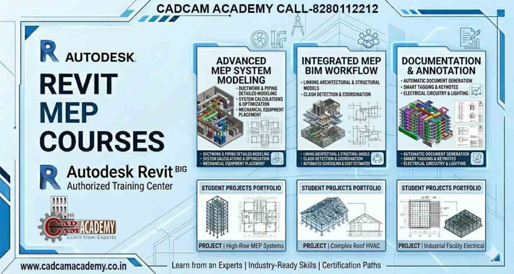 Web banner for Revit MEP Courses, showcasing advanced system modeling, integrated BIM workflows, student portfolio projects, and a modern blue and white design.