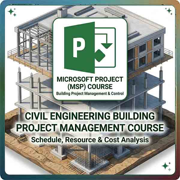 A 400x400 promo image for a Microsoft Project (MSP) course, featuring the green "P" logo over a 3D isometric structural model of a multi-story building.