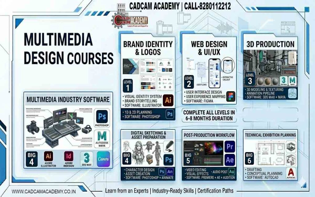 Multimedia design institute banner featuring 3D production scenes, video editing suites, UI/UX layouts, and logos for Adobe Creative Suite, 3Ds Max, and Maya.