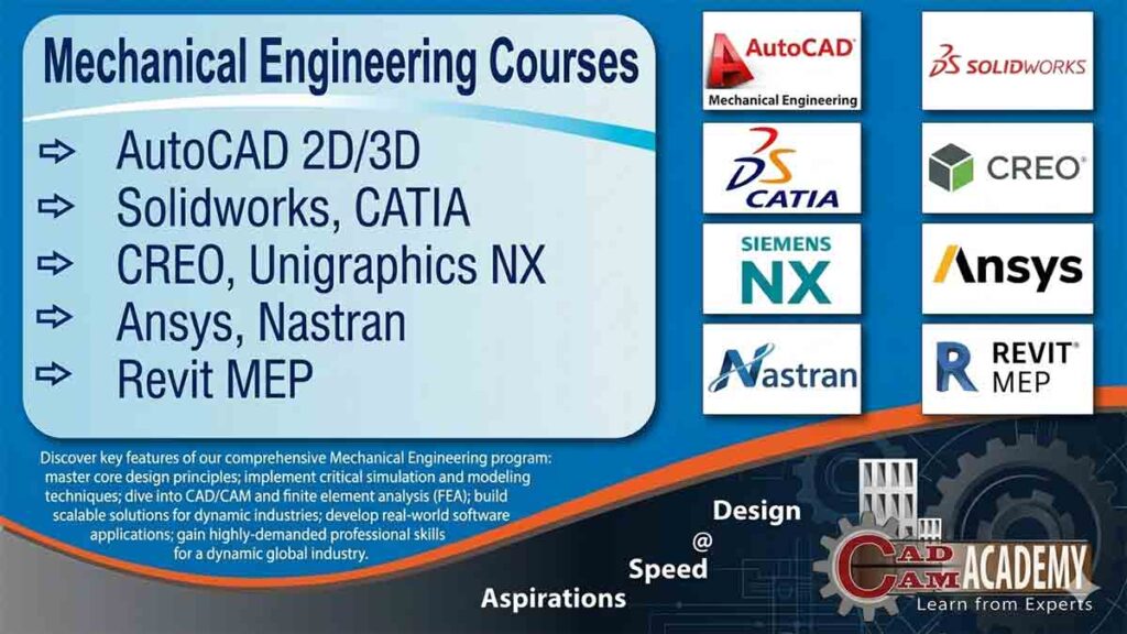 Mechanical Engineering Courses banner by CAD CAM Academy featuring Solidworks, CATIA, Ansys, and AutoCAD software training.