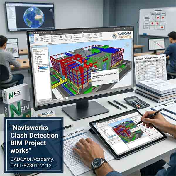 3D BIM model in Navisworks showing red clash markers for structural and MEP coordination.