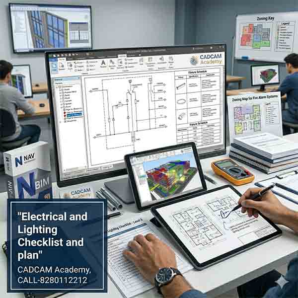 Digital tablet showing detailed electrical circuitry and lighting layout for a BIM project.