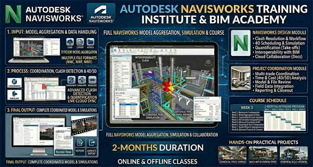 Autodesk Navisworks training Institute infographic featuring 4D construction simulation, clash detection, and 2-month course details.
