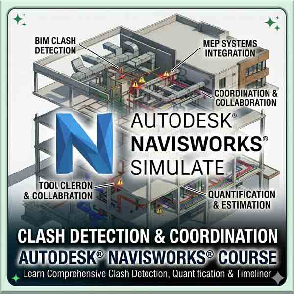 A 400x400 professional banner for an Autodesk Navisworks training course, featuring a large blue "N" logo over a 3D BIM model with red clash detection markers, highlighting MEP systems integration and coordination.