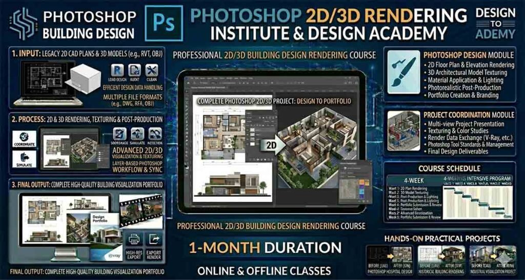 Adobe Photoshop 2D 3D Architecture Design infographic banner showcasing a 1-month Photoshop 2D and 3D rendering course for building design, including floor plans, elevations, and 3D views for online and offline classes.