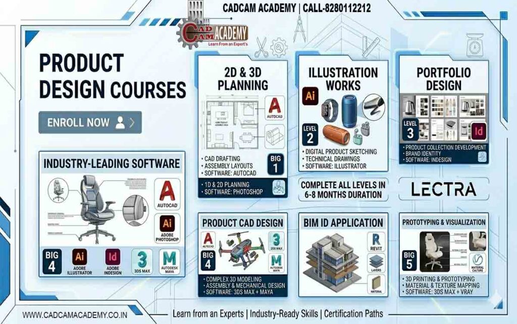 Product Design Institute offer Professional product design course banner featuring 3D furniture and tech models, industrial CAD layouts, and logos for AutoCAD, 3Ds Max, Maya, and Adobe Creative Cloud.