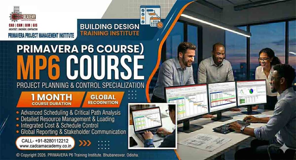 A modern business banner for the Primavera Training Institute, promoting a 1-month professional project management certification course with a group of diverse professionals working in an office with multi-monitor displays showing project schedules.
