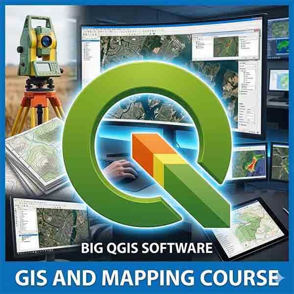 A professional collage for a QGIS course featuring the green QGIS logo over a background of digital maps on monitors, a surveying total station, and physical topographical maps.