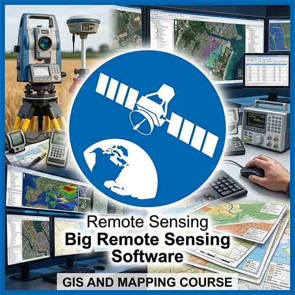 An engineering collage image with a large, white satellite and globe logo over scenes of surveyor's level, topographical maps, a control room with multiple monitors, and GPS test equipment.