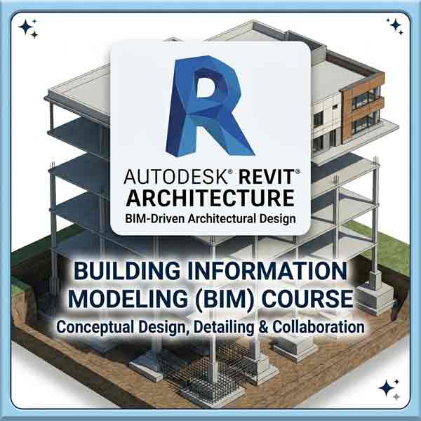 A 400x400 professional banner for a Revit Architecture Training Institute BIM course, featuring the Autodesk Revit logo over a 3D building information model showing structural and architectural layers.