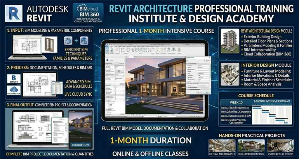 Revit Architecture training Institute infographic showing BIM modeling, documentation workflows, and 1-month course details.