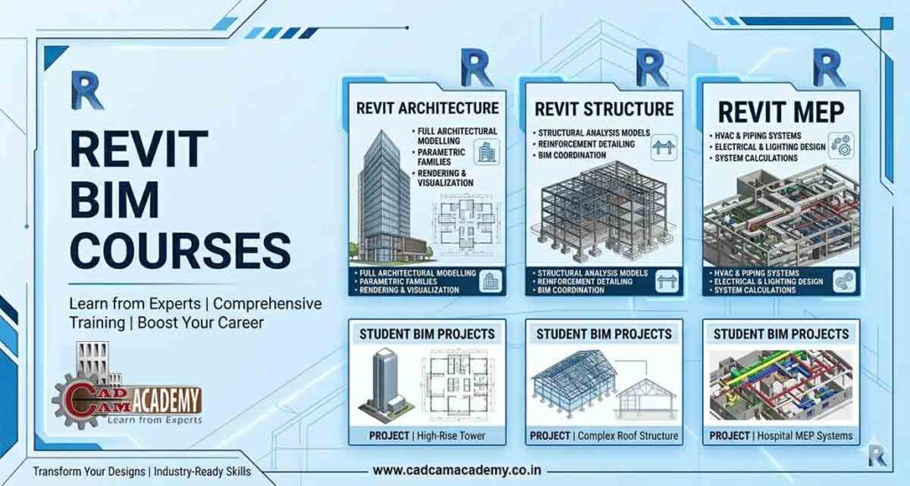 Revit Design Courses Banner for Revit BIM courses featuring Architecture, Structure, and MEP projects with a modern blue and white design.
