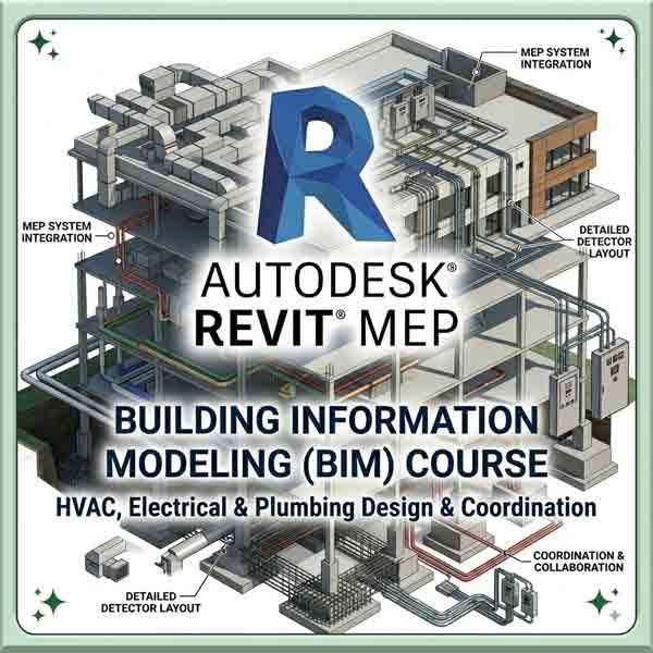 A 400x400 professional banner for an Autodesk Revit MEP training Institute BIM course, featuring a large Revit logo over a detailed 3D building model with callouts for HVAC ductwork, electrical conduits, plumbing, and detector layout.