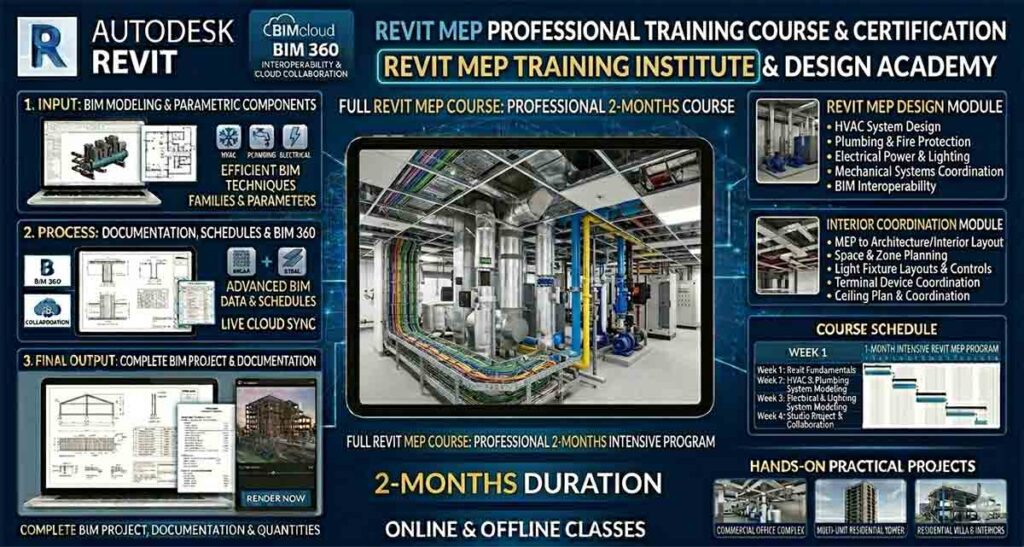 Revit MEP Training Institute infographic showing mechanical, electrical, and plumbing BIM systems with a 2-month training schedule.