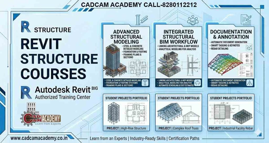 Professional Revit Structure Course web banner featuring reinforced concrete detailing, steel framing models, and BIM structural workflows in blue and white.