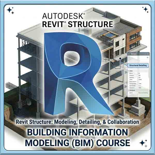 A 400x400 professional banner for a Revit Structure training course, featuring the large, blue 3D Autodesk Revit Structure logo over an isometric model of a multi-story building showing concrete reinforcement, structural framing, and a BIM data analysis panel.