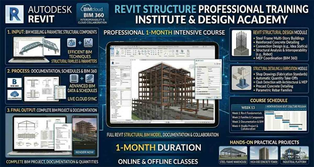 Revit Structure course infographic featuring structural BIM modeling, rebar detailing, and 1-month training details.