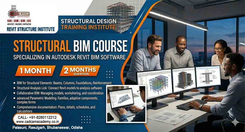 A modern business banner for the Revit Structure Training Institute , promoting their 1-2 month BIM Course specializing in Autodesk Revit, featuring a team of smiling engineers collaborating around computer monitors displaying 3D building models.