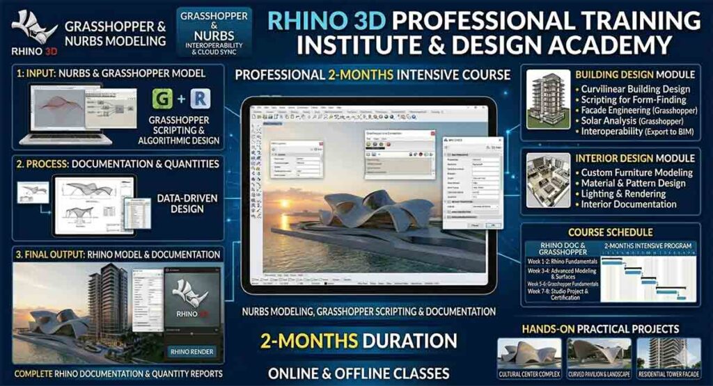 A detailed infographic layout promoting a professional Rhino 3D training institute, showcasing workflows from Grasshopper input to documentation, course modules for building and interior design, and a weekly schedule.