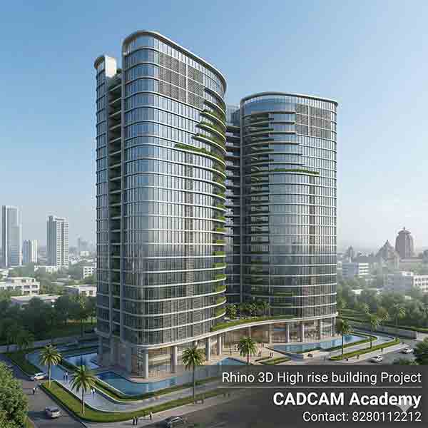 Realistic Rhino 3D external render of a modern glass high-rise building with curved balconies and greenery.