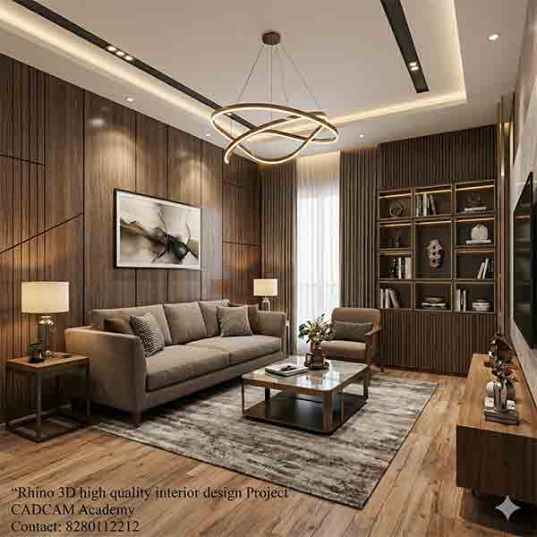 A high-quality Rhino 3D interior design rendering of a modern living room with wood paneling and warm lighting.