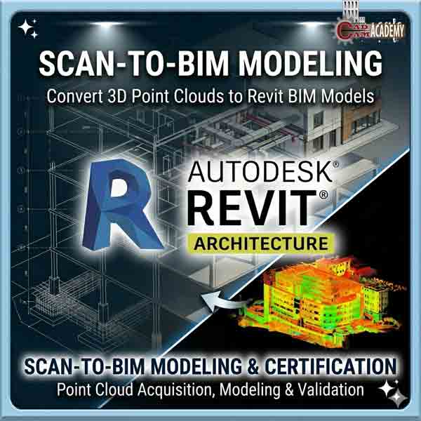 A professional square course banner for a Scan-to-BIM training institute, showing a multi-story building model split between a colorful 3D laser scan (point cloud) with heat map colors on the lower right and a clean, detailed Autodesk Revit BIM model with full MEP systems and architectural layers on the upper left, over a blue grid technical surface. It features the Autodesk Revit Architecture logo and text 'Convert 3D Point Clouds to Revit BIM Models' and 'Scan-to-BIM Modeling & Certification.
