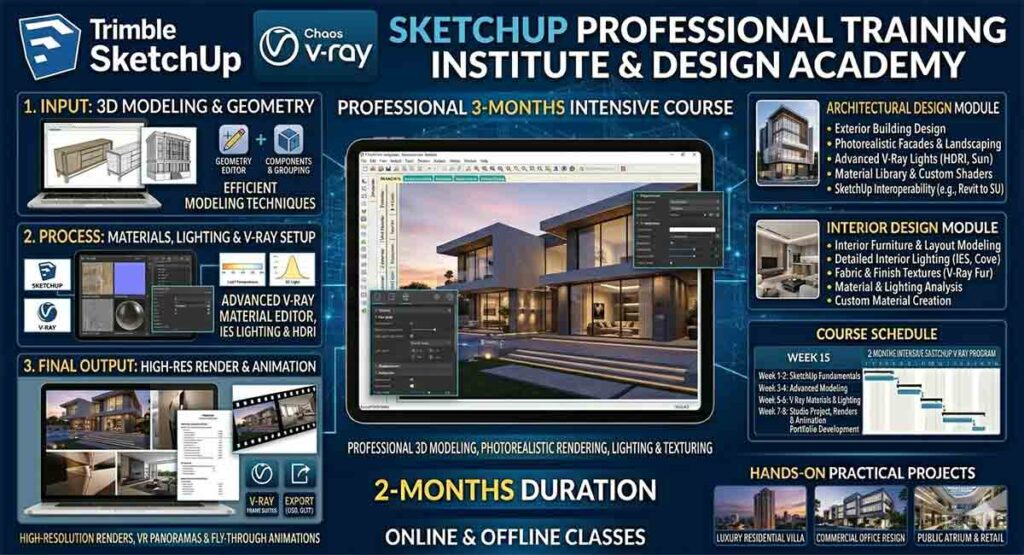 Professional SketchUp Building Design Course training institute course infographic showcasing 3D modeling workflows, high-resolution architectural renders, and a 2-month training schedule for online and offline classes.