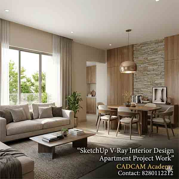 A realistic 3D interior render of a modern living and dining area with warm lighting and text overlay for CADCAM Academy.