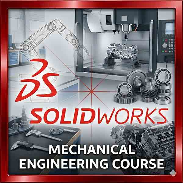 SolidWorks software logo centered over a technical collage featuring a robotic arm, engine components, and precision measurement tools in an industrial workshop.