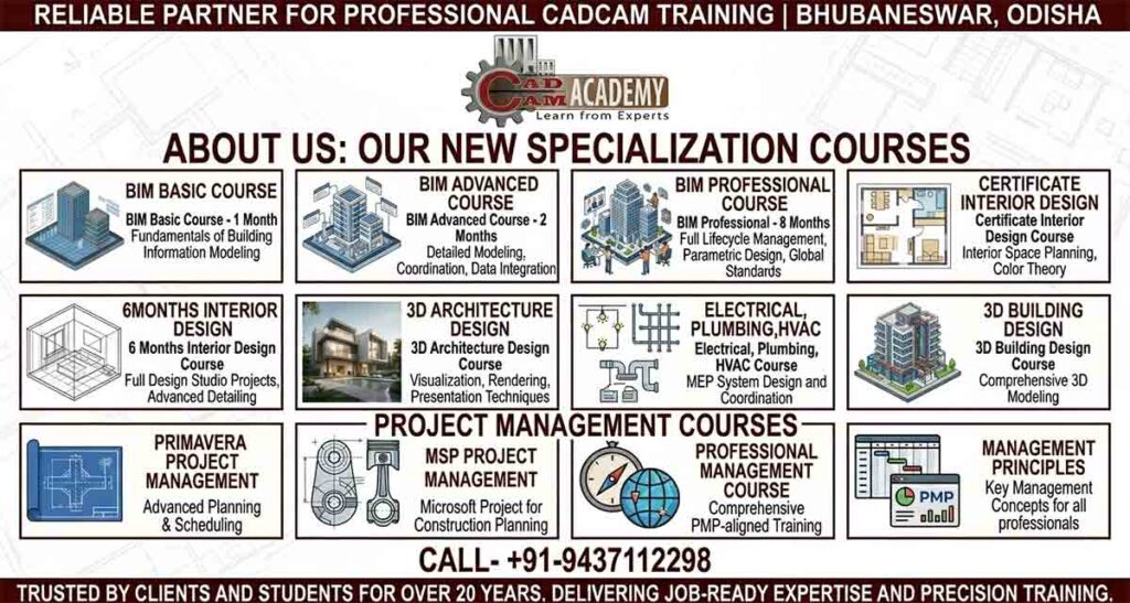 BIM and Project Management specialization courses at CADCAM Academy Bhubaneswar for architects and engineers, featuring Revit, Primavera P6, and MSP training.