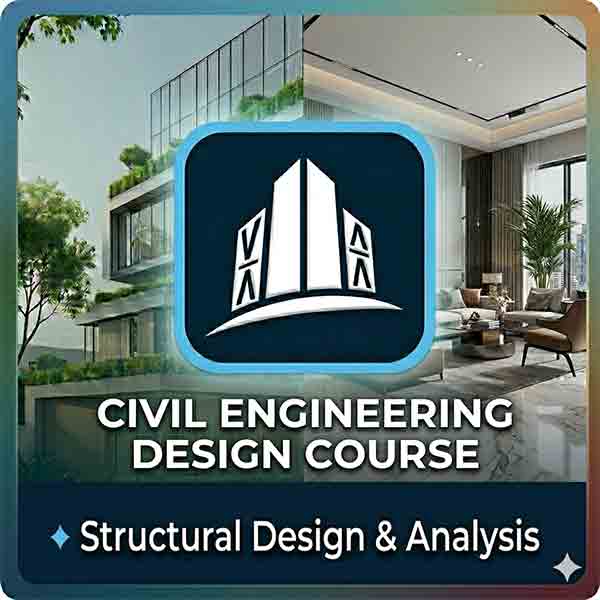 A 400x400 promo image for a Civil Engineering course, featuring a central software logo, a split background showing a modern high-rise exterior and a sophisticated interior visualization, and course details text.