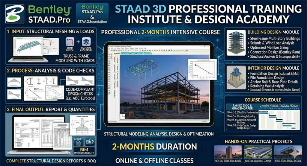 A detailed infographic layout promoting a Bentley STAADPro training institute 3D structural professional training course, highlighting input workflows, analysis processes, output reports, course modules for buildings and foundations, and a two-month schedule.