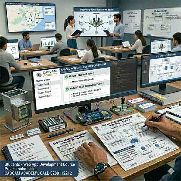 A CADCAM Academy student in Bhubaneswar works on a Web App Development project submission. The image features code, a MongoDB schema diagram, and a smart city map visualization.